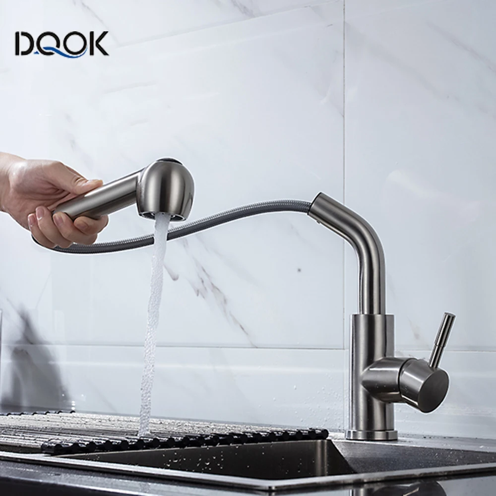 DQOK Brushed Nickel Kitchen Faucets Single Hole  360 Degree Swivel Pull Out Black Kitchen Sink Faucet Mixer Stainless Steel Tap