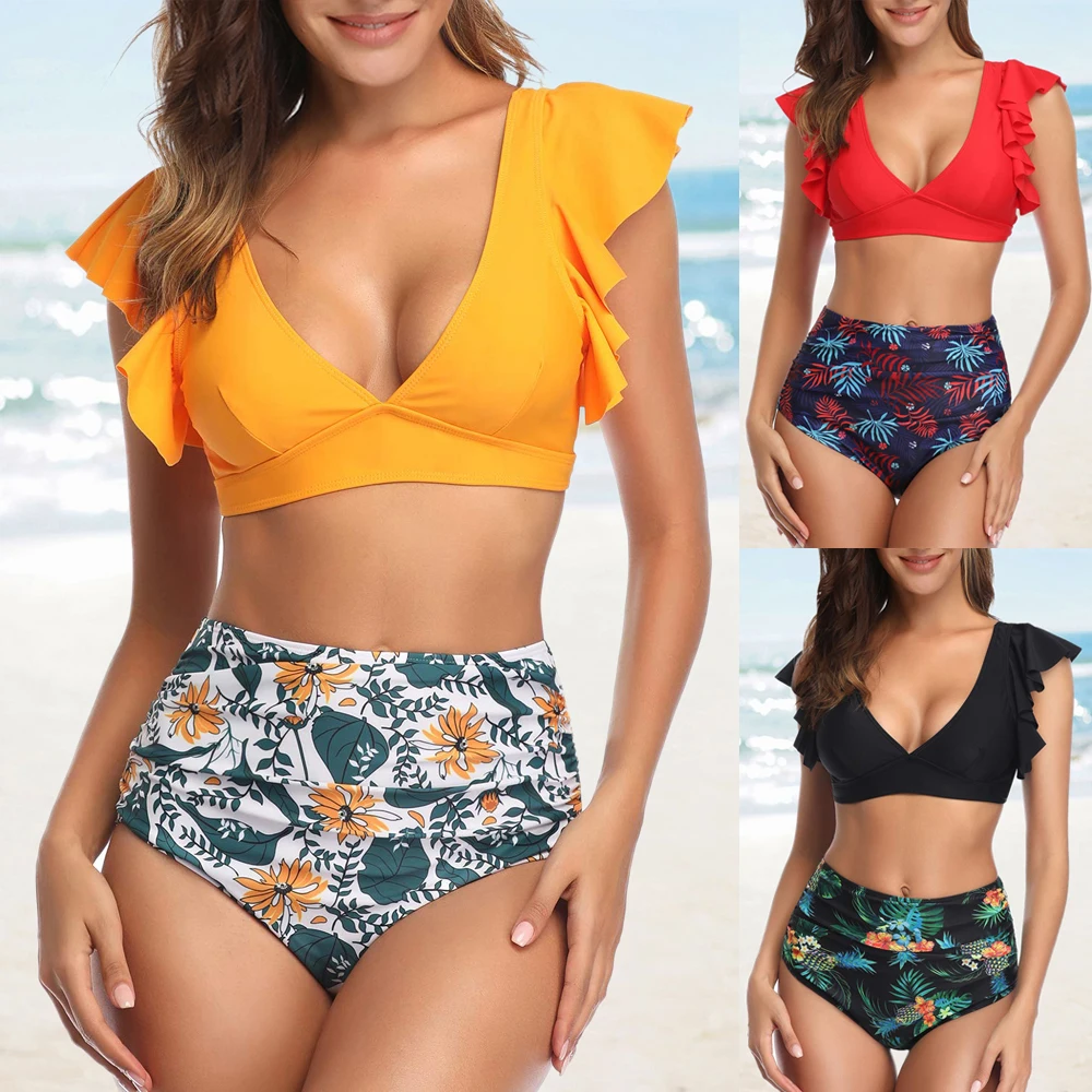 CALOFE Swimsuit Women Tropical Print Bikini Sets High Waist Thong Swimwear Ruched V-Neck Crop Top Bikinis Female Bathing Suits 
CALOFE Swimsuit Women Tropical Print Bikini Sets High Waist Thong Swimwear Ruched V-Neck Crop Top Bikinis Female Bathing Suits