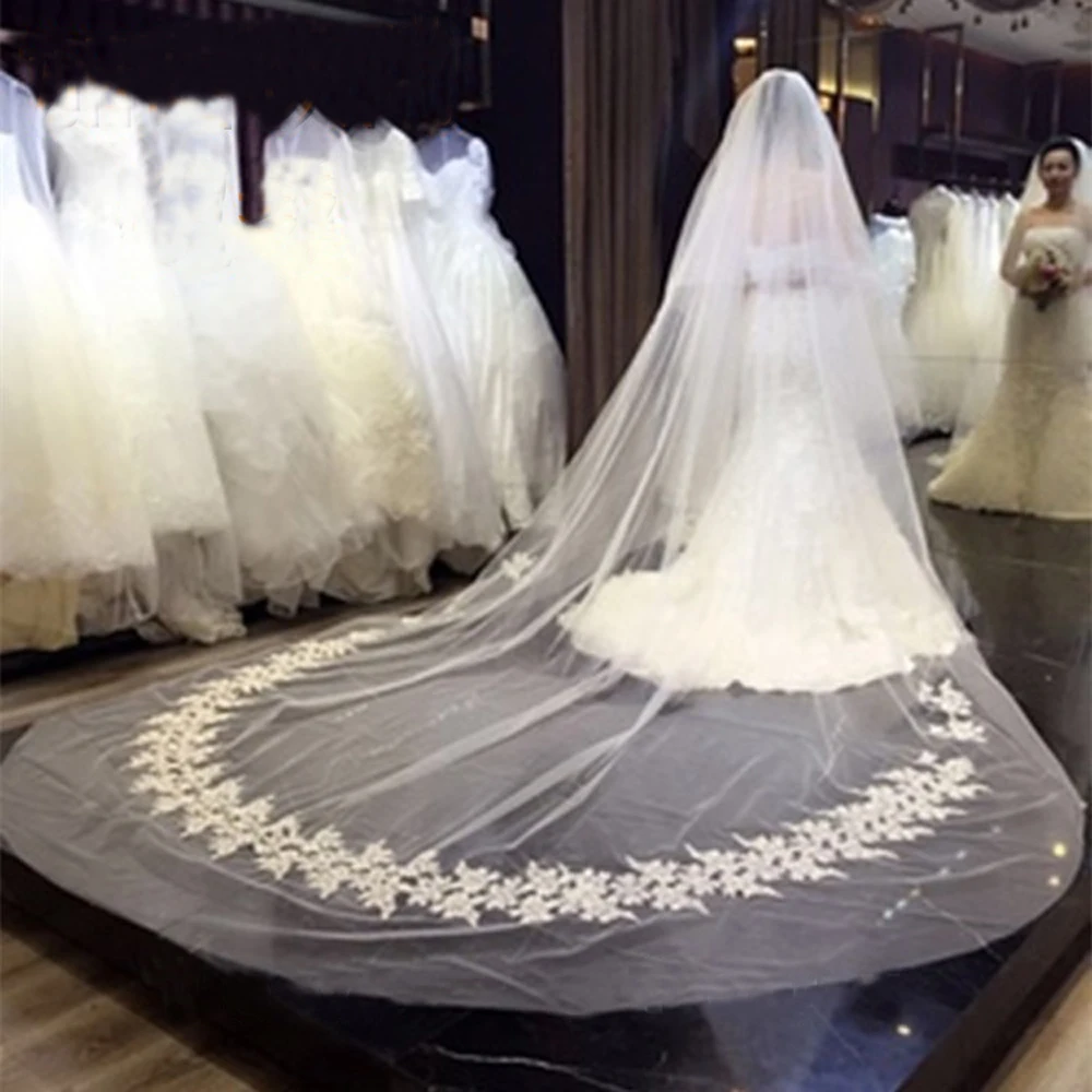 

3M Length Wedding Veil Long Cathedral Length Appliques 2T Bridal Veils Comb Wedding Veil 3M Width Cover Face Veil