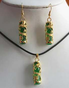 

hot sell new - unique 18kgp dragon inlay green cylinder stone pendant & earrings sets