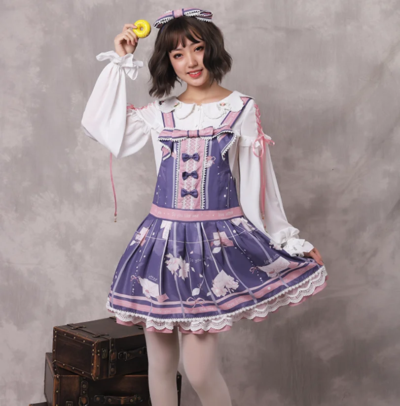 

Mid waist cute girl cos loli kawaii gothic Lolita jsk Dress loli printing Victoria girl lace Ruffle dress vintage palace