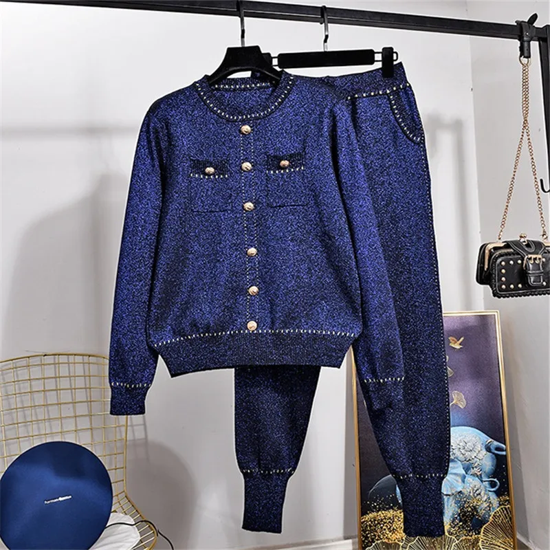 Fashion Navy Knitted Tracksuit Women Loose Knitting Suit Bright silk Pullover Sweater Casual Pants Set Female Two Piece Outfits
Fashion Navy Knitted Tracksuit Women Loose Knitting Suit Bright silk Pullover Sweater Casual Pants Set Female Two Piece Outfits