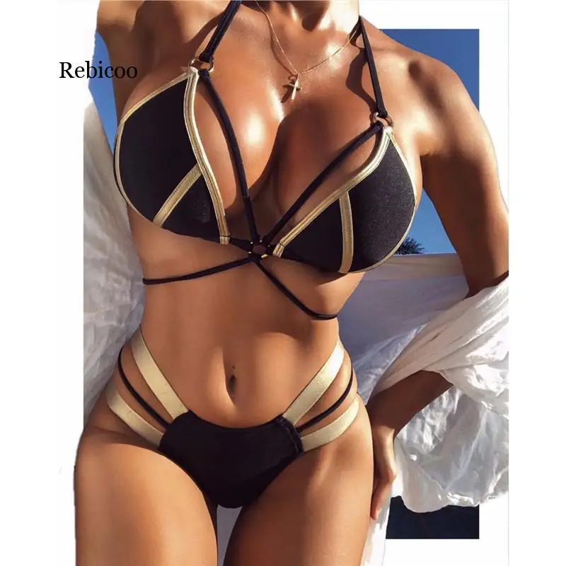 

Fashion Lace Up Twist Set Women Bra Brief Sets Pad Push Up Bra Sexy Halter Stripes Patchwork Briefs Women Underwear Intimates