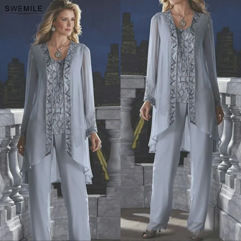 SWEMILE Silver Long Sleeve Beads Plus Size Mother Of The Bride Dresses For Weddings Three Pieces Pant Suit Chiffon Mother Wear
SWEMILE Silver Long Sleeve Beads Plus Size Mother Of The Bride Dresses For Weddings Three Pieces Pant Suit Chiffon Mother Wear