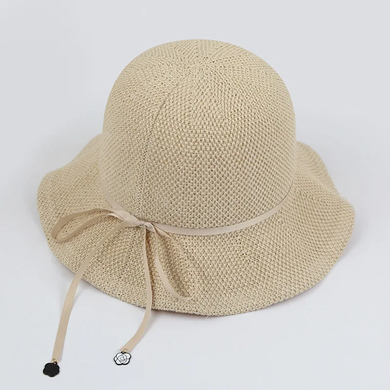 

2021 Summer Autumn Knitted Dome Bucket Hats Pink Beige Coffee Sweet All Match Bowknot Women Sun Hat Foldable Breathble 56-58cm