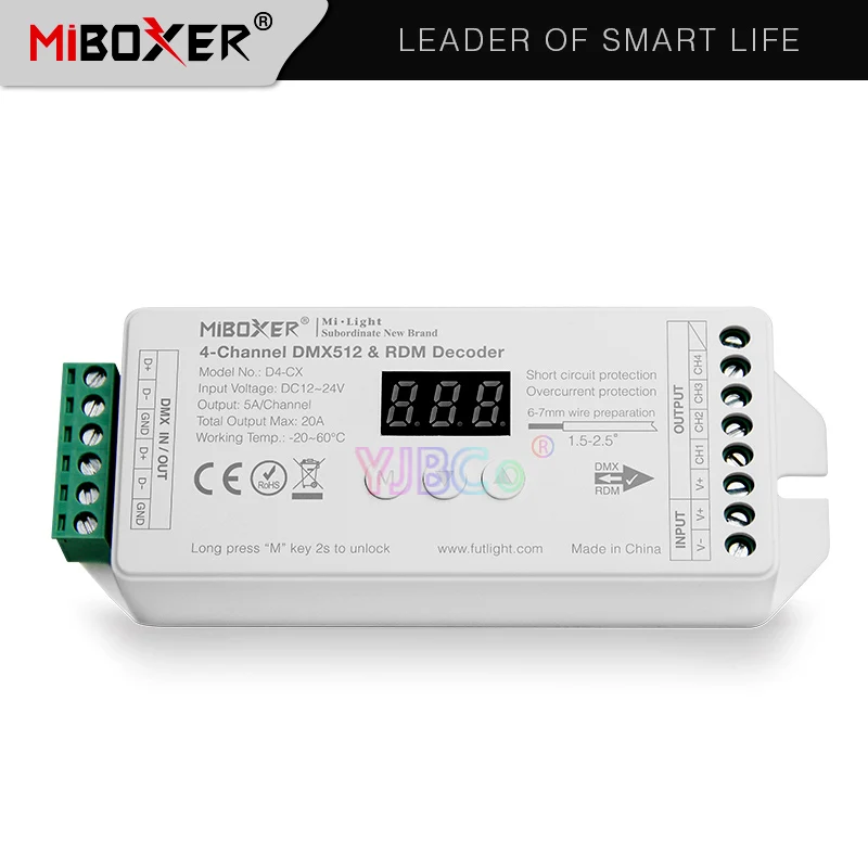 Miboxer D4-CX 4-Channel Constant Voltage DMX512 & RDM Decoder DC12~24V 4CH 5A/Channel Max. 20A Digital Display controller
Miboxer D4-CX 4-Channel Constant Voltage DMX512 & RDM Decoder DC12~24V 4CH 5A/Channel Max. 20A Digital Display controller