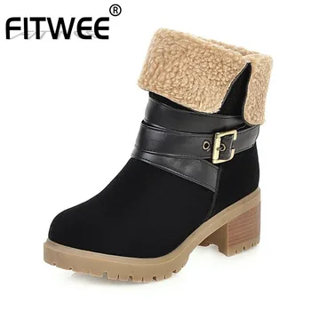 

FITWEE 4 Colors Size 34-46 Lady Plush Fur Platform Winter Ankle Boots Keep Warm Classics Chunky Heels Short Boots Footwear