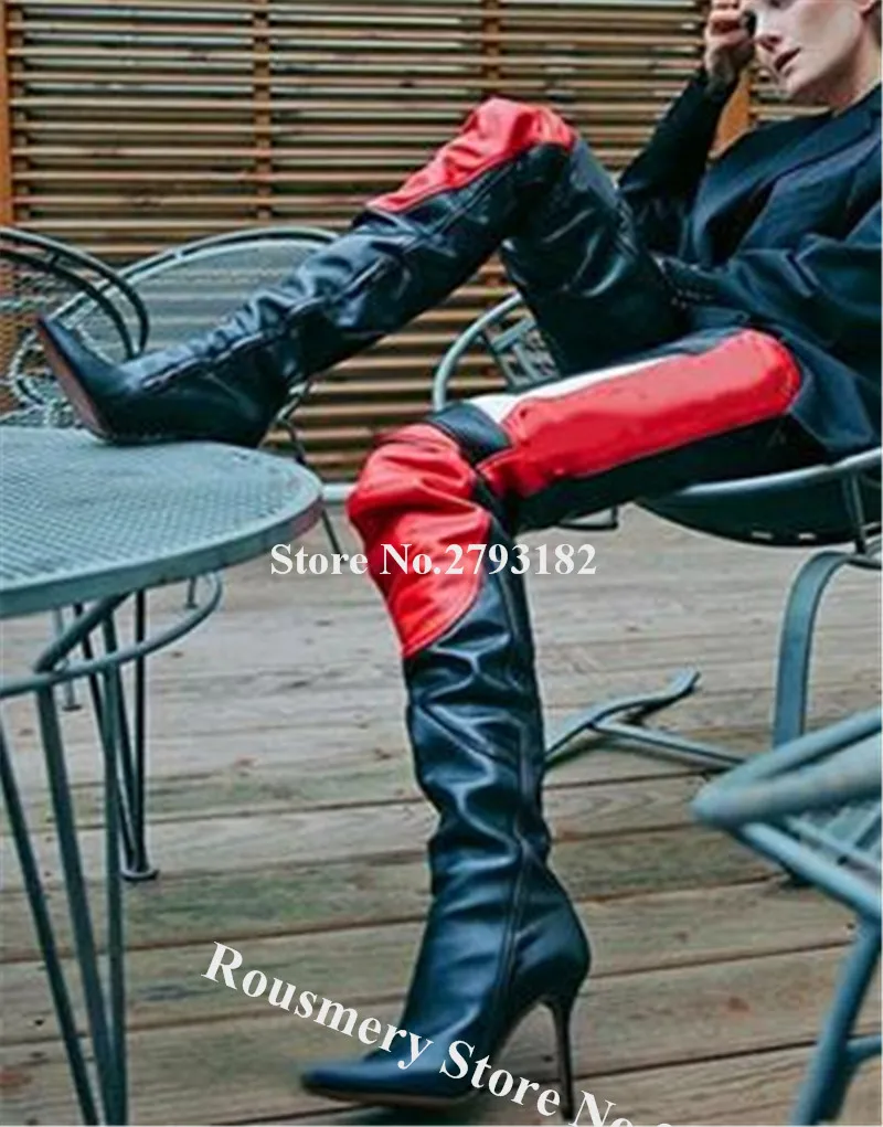 

Сапоги женские кожаные, черные, красные, на шпильке, с открытым носком, в стиле пэчворк, длинные, с высоким каблуком