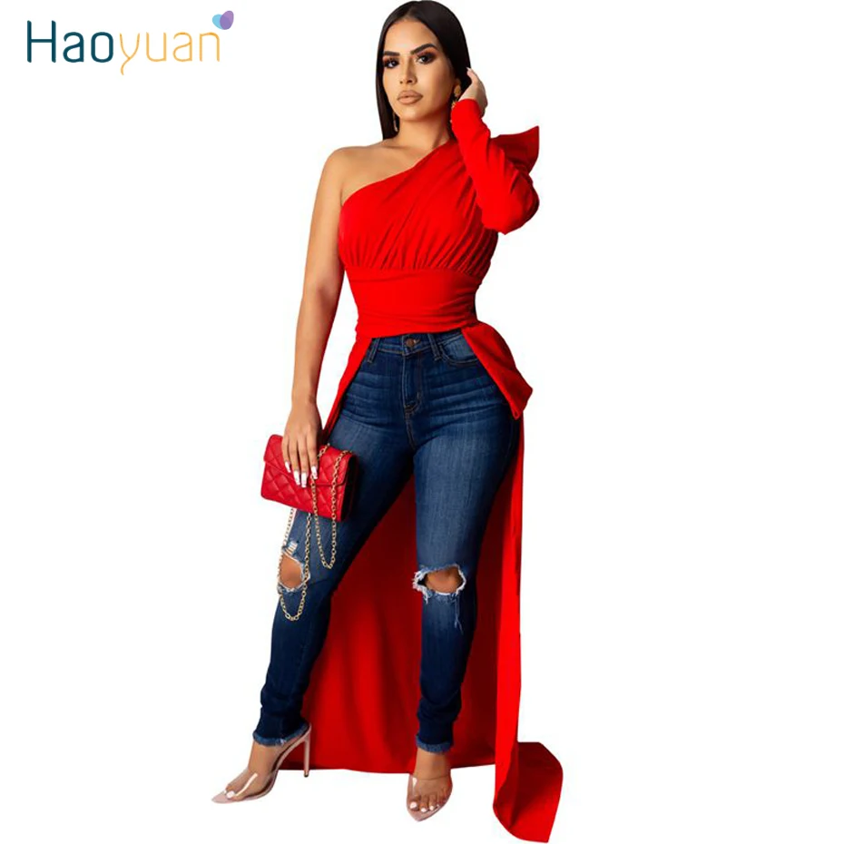 

HAOYUAN Irregular un hombro de manga larga T Shirt mujer túnica otoño ropa Rave Camisa mujer Streetwear Sexy Tees Top Maxi