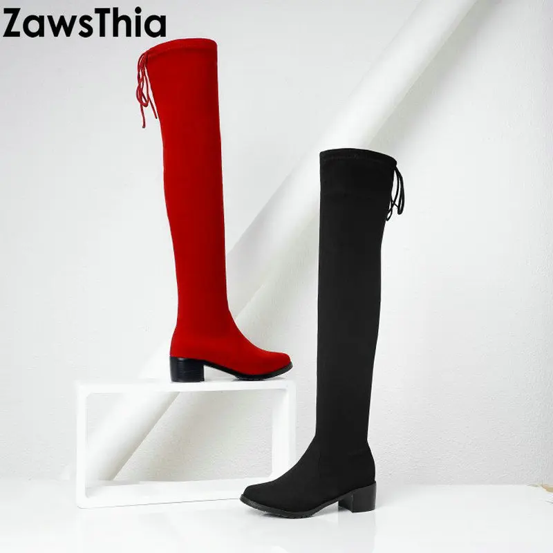 ZawsThia 2020 square mid heels equestrian riding motorcycle boots over the knee high stretch fabric elastic overknee woman | Обувь