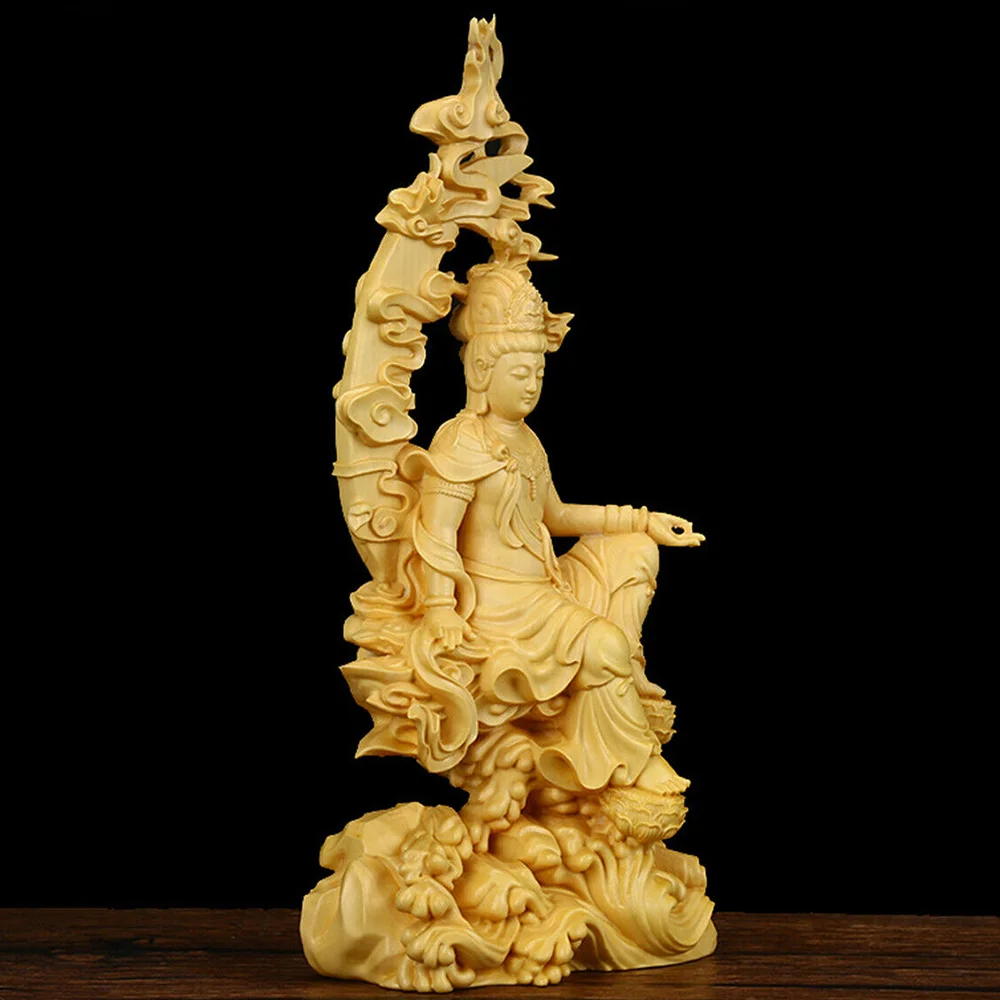 Chinese Carving Crafts Kwan-yin Guanyin Buddha Statue Bodhisattva Sculpture Craft Wood Home Living Room Decor