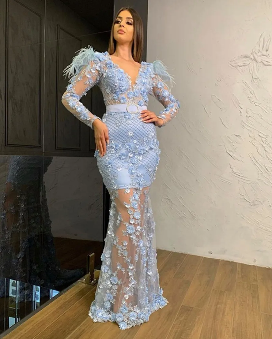 

Pretty Baby Blue 3D Flower Mermaid Prom Dresses 2024 Pearls Lace Feather Long Evening Gowns Sexy See Thru Formal Party