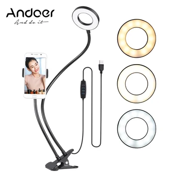 Andoer Two in One LED Ring Light with Cell Phone Holder Stand for Live Stream Makeup Selfie Recording Lighting for Smartphone
Andoer Two in One LED Ring Light with Cell Phone Holder Stand for Live Stream Makeup Selfie Recording Lighting for Smartphone