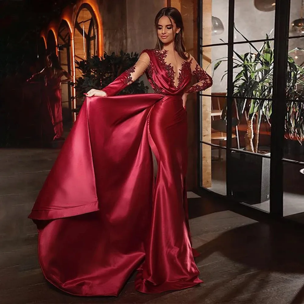 Elegant Burgundy Lace Appliques Satin Formal Dresses for Women Evening Dresses Mermaid with Long Sleeve illusion Dress вечернее
Elegant Burgundy Lace Appliques Satin Formal Dresses for Women Evening Dresses Mermaid with Long Sleeve illusion Dress вечернее
