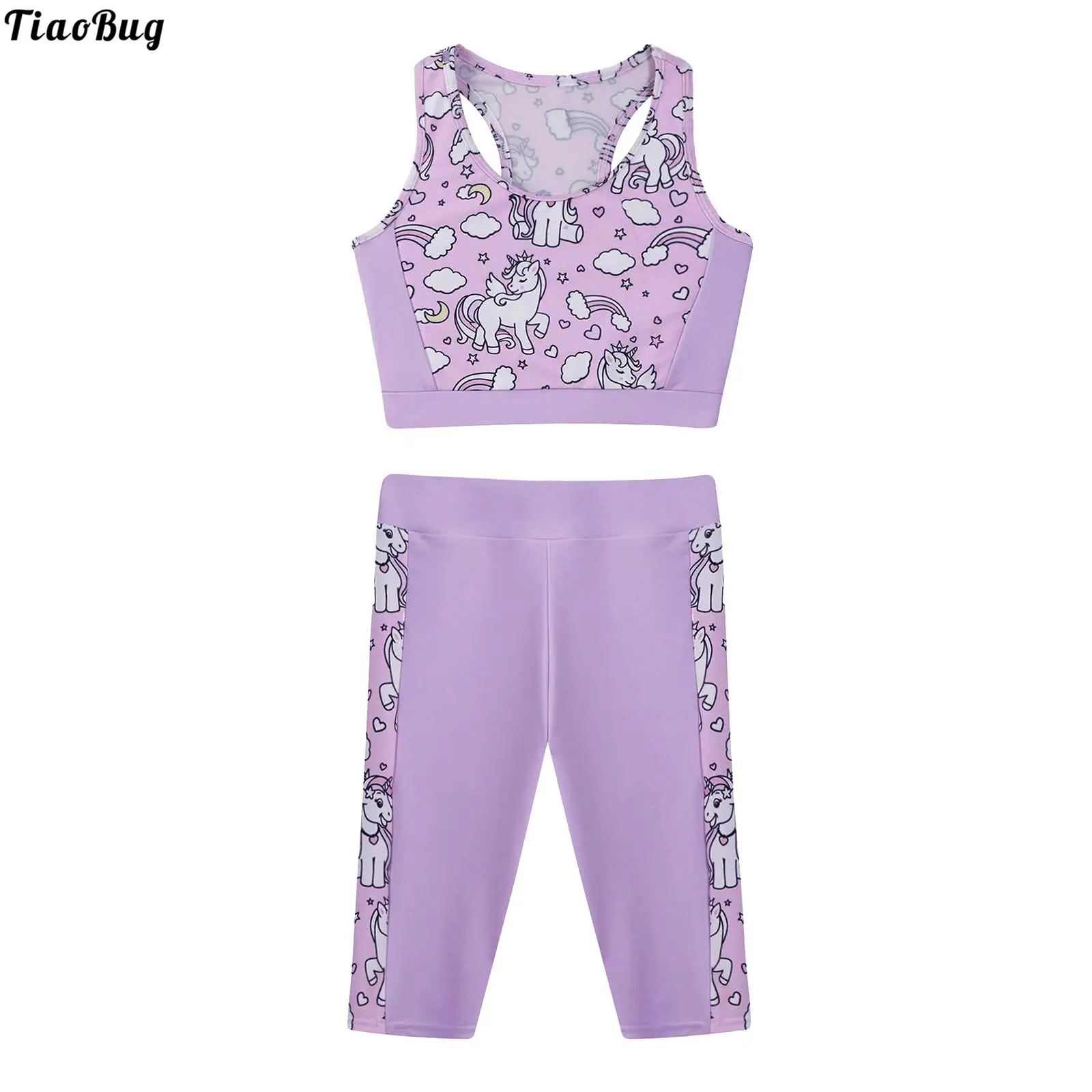 

TiaoBug Purple 2Pcs Kids Girls Sport Outfit Round Neck Sleeveless Racer Back Cartoon Horse Print Sport Vest And Track Shorts Set