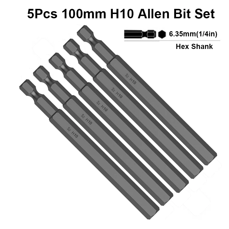 

5Pcs Black Hex Head Allen Wrench Drill Bit Set H10 Metric Hex Bit Set S2 Steel Magnetic Electric Hex Key Screwdriver Bits Tools