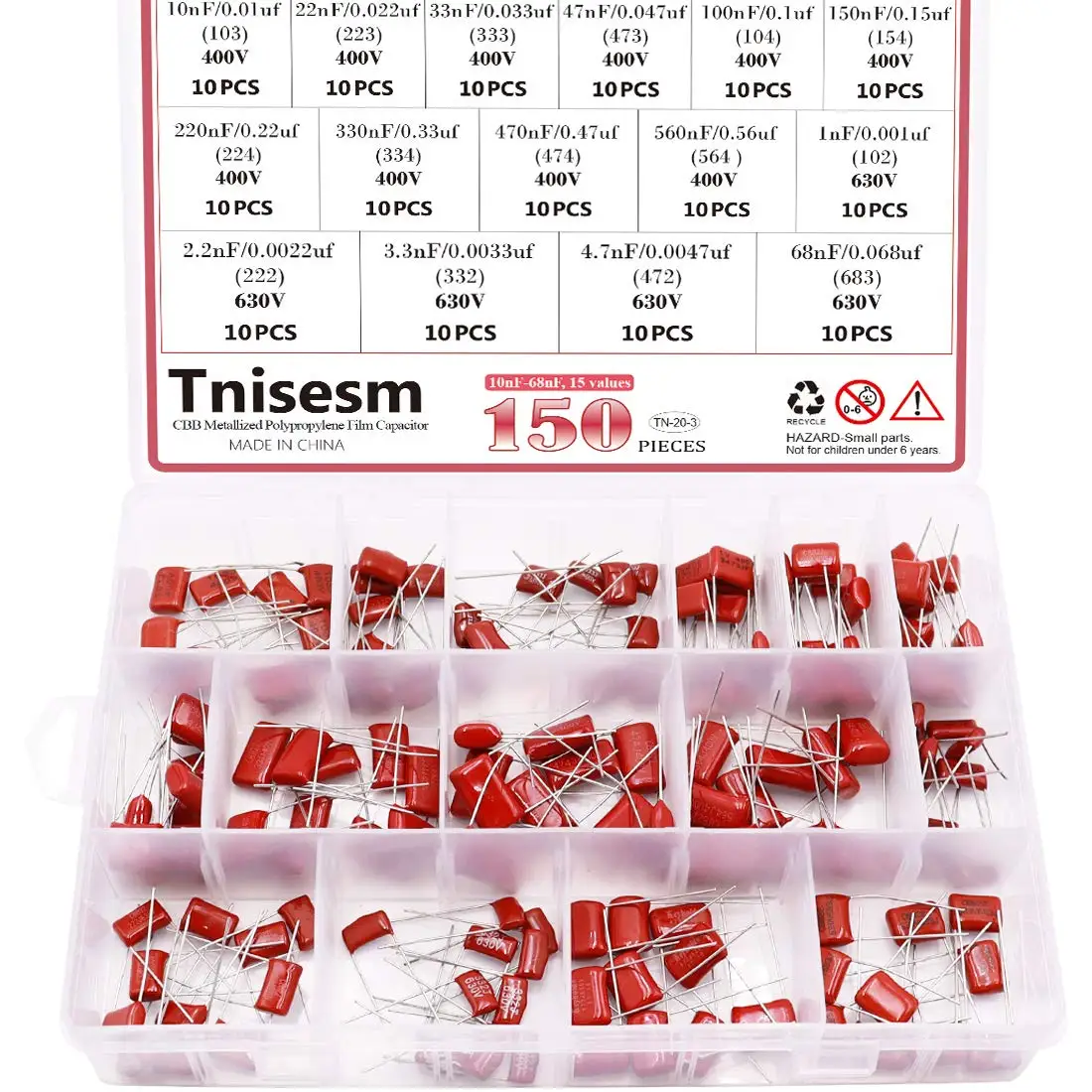 150Pcs/lot 15 Value CBB Metallized Polypropylene Film Capacitors Assortment Kit 10nF ~ 68nF / 0.01uF ~ 0.068uF 400V 630V
150Pcs/lot 15 Value CBB Metallized Polypropylene Film Capacitors Assortment Kit 10nF ~ 68nF / 0.01uF ~ 0.068uF 400V 630V