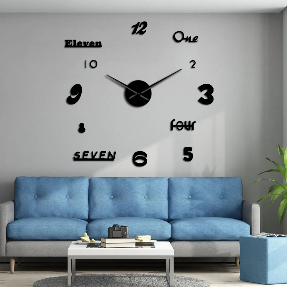 

DIY Giant Mordern Wall Clock Horloge 3D DIY Acrylic Mirror Stickers Home Decoration Living Room Quartz Big Needle Hands Watch