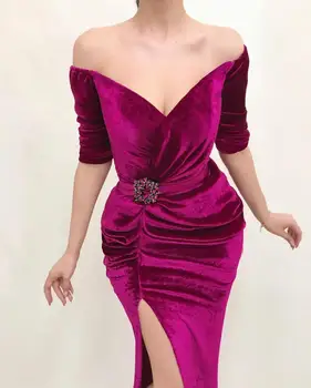 Fuchsia Velvet Prom Dresses 2019 V-Neck Arabic Sexy High Side Split Half Sleeves Formal Party Gowns Vestidos robe de soiree
Fuchsia Velvet Prom Dresses 2019 V-Neck Arabic Sexy High Side Split Half Sleeves Formal Party Gowns Vestidos robe de soiree