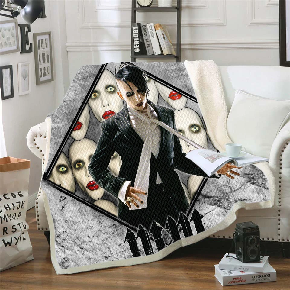 

Singer Marilyn Manson 3D Sherpa Blanket Velvet Plush Throw Fleece Blanket Bedspread Couch Sofa Quilt Cover Travel Bedding 0006