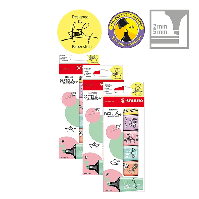 Text marker - STABILO BOSS MINI Pastellove - 3er Pack - delicate Turkish, pink rouge, hint of mint green
Text marker - STABILO BOSS MINI Pastellove - 3er Pack - delicate Turkish, pink rouge, hint of mint green