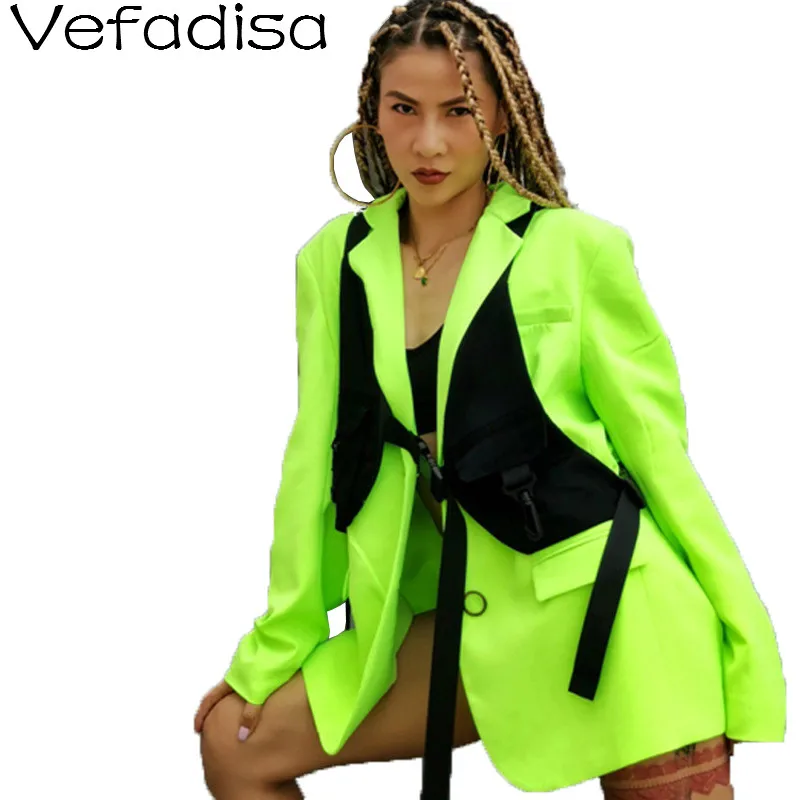 Фото Vefadisa Autumn Green Casual Wide-waisted Suit Turn-down Collar Vest Spliced Loose Single Breasted Woman Coat 2019 QYF317 | Женская