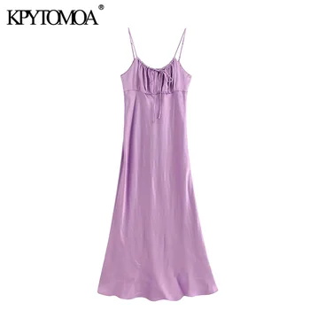 

KPYTOMOA Women 2020 Chic Fashion Pleats Detail Cozy Midi Dress Vintage Sleeveless Spaghetti Strap Female Dresses Vestidos Mujer