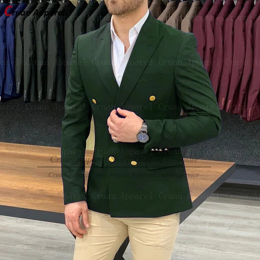 

(One Blazer) Classic Dark Green Men Blazers Groom Groomsman Suit Jacket Gold Buttons Slim fit Peak Lapel Business Male Coat Tops