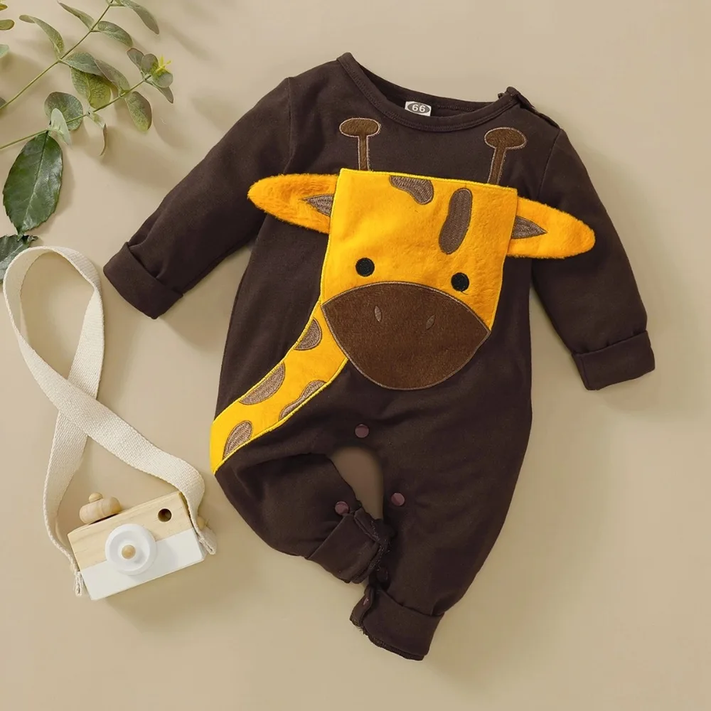 Macacão bebê bordado manga longa girafa Macacão bebê bordado manga longa girafa