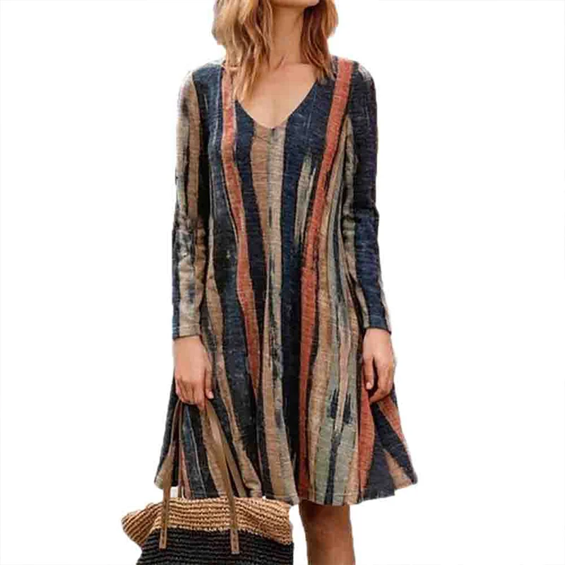 Autumn Women's Retro Crew Neck Long Sleeve Casual Swing Dresses Loose Striped Mini Dresses Autumn Women's Retro Crew Neck Long Sleeve Casual Swing Dresses Loose Striped Mini Dresses