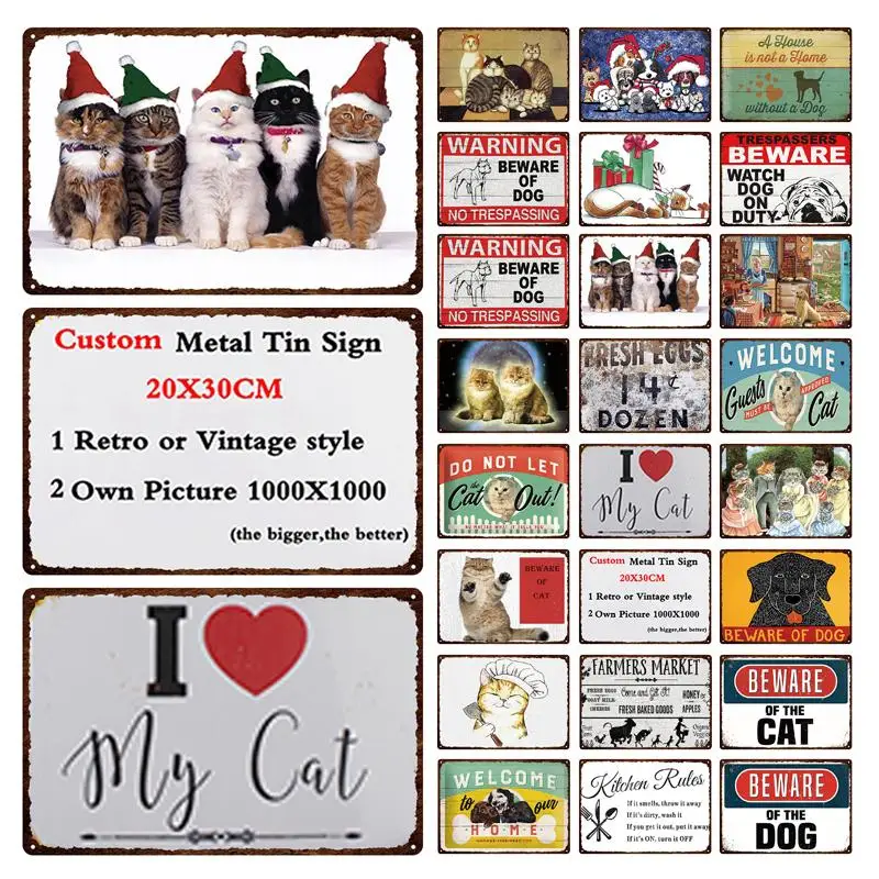 

20x30 Beware Of The Cat/Dog Metal Tin Sign Warning Iron Painting Cute Pet Kitchen Rules Retro Decorative Plaque 20*30cm