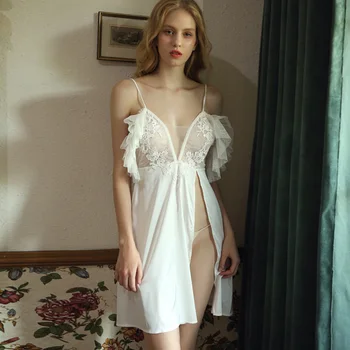 White female off-the-shoulder ruffled sleeveless sling pajamas openwork ice silk split sexy lace nightdress
White female off-the-shoulder ruffled sleeveless sling pajamas openwork ice silk split sexy lace nightdress