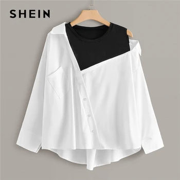 SHEIN Plus Size White Contrast Panel Asymmetrical Neck Blouse Women Tops Autumn Pocket Colorblock O-Neck Casual Top Blouses 
SHEIN Plus Size White Contrast Panel Asymmetrical Neck Blouse Women Tops Autumn Pocket Colorblock O-Neck Casual Top Blouses