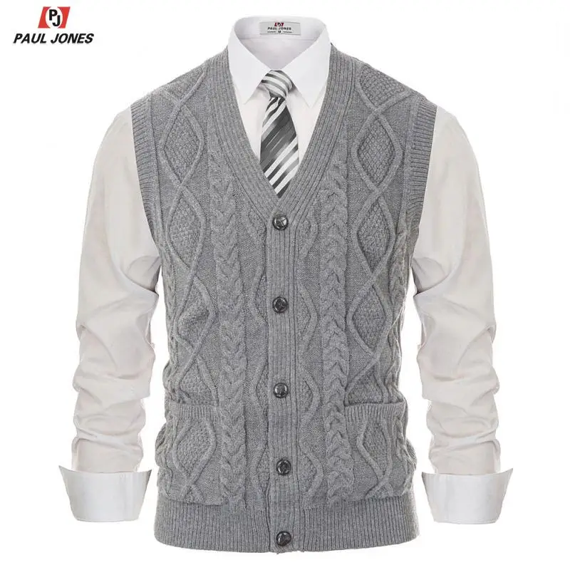 PJ PAUL JONES Mens Cardigan Sweater Vest Cable Knitwear V-Neck with Button