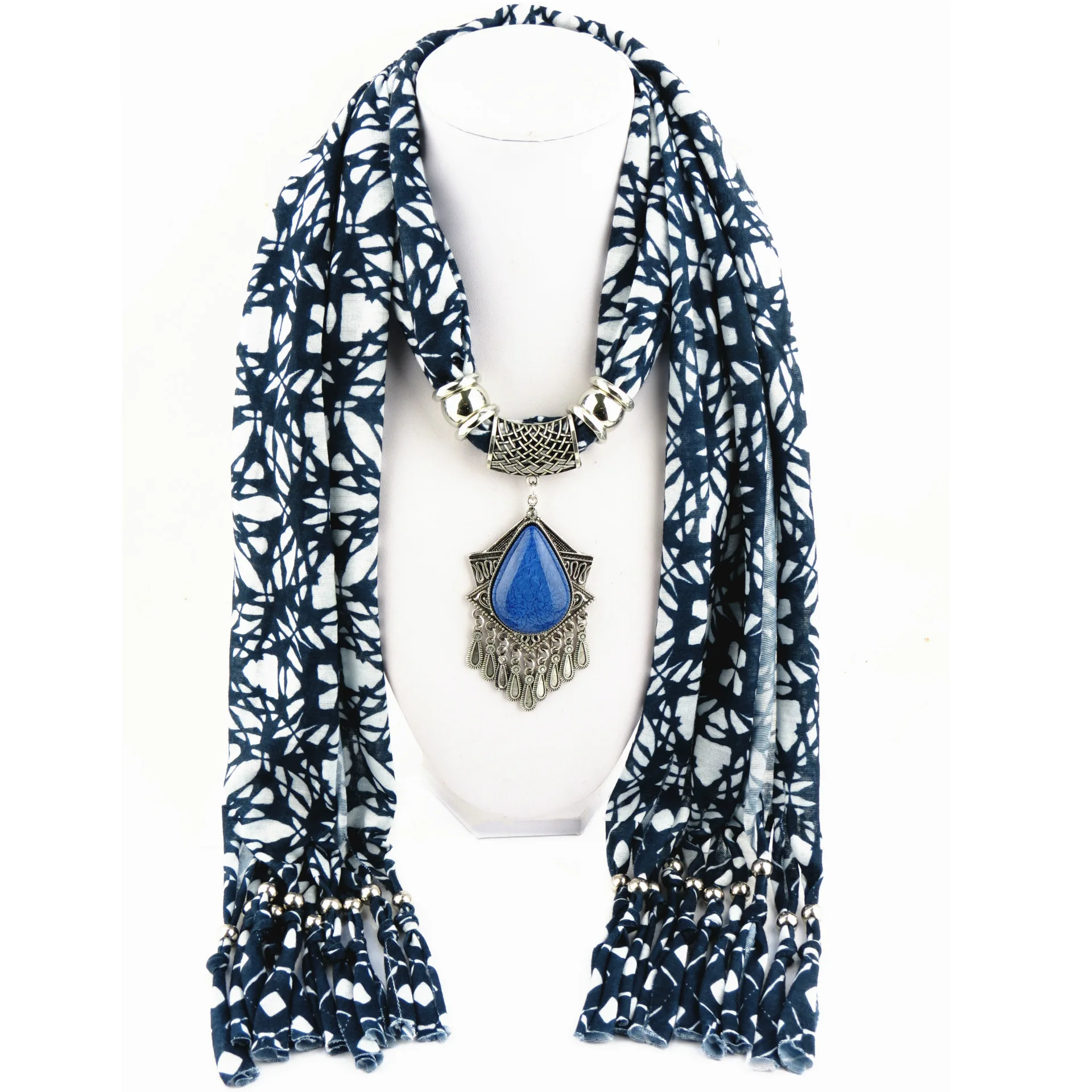 

Ancient silver water drop tassel ladies jewelry scarf alloy resin pendant scarf polyester blue and white cloth hanging fringed