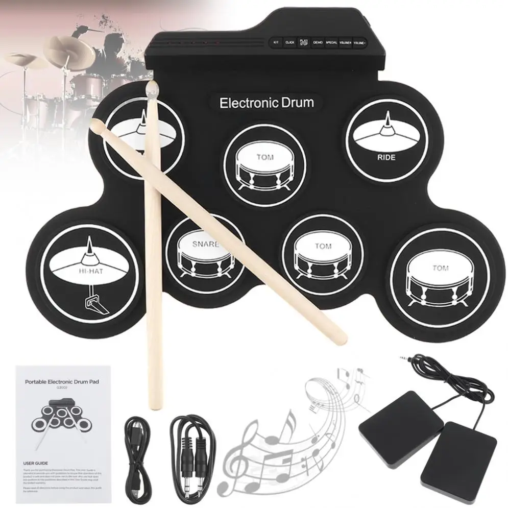 Portable Electronic Digital USB 7 Pads Roll up Set Silicone Electric Drum Kit with Drumsticks and Sustain Pedal Electronic Drums
Portable Electronic Digital USB 7 Pads Roll up Set Silicone Electric Drum Kit with Drumsticks and Sustain Pedal Electronic Drums