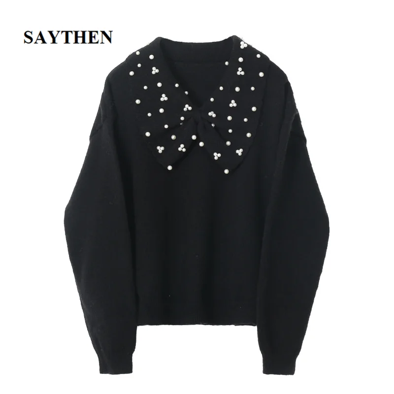 SAYTHEN Luxury Sweater Women Beaded Pearl Bowknot Lotus Leaf Collar 2021Autumn and winter Outer Loose Knit Cashmere Base Sweater
SAYTHEN Luxury Sweater Women Beaded Pearl Bowknot Lotus Leaf Collar 2021Autumn and winter Outer Loose Knit Cashmere Base Sweater