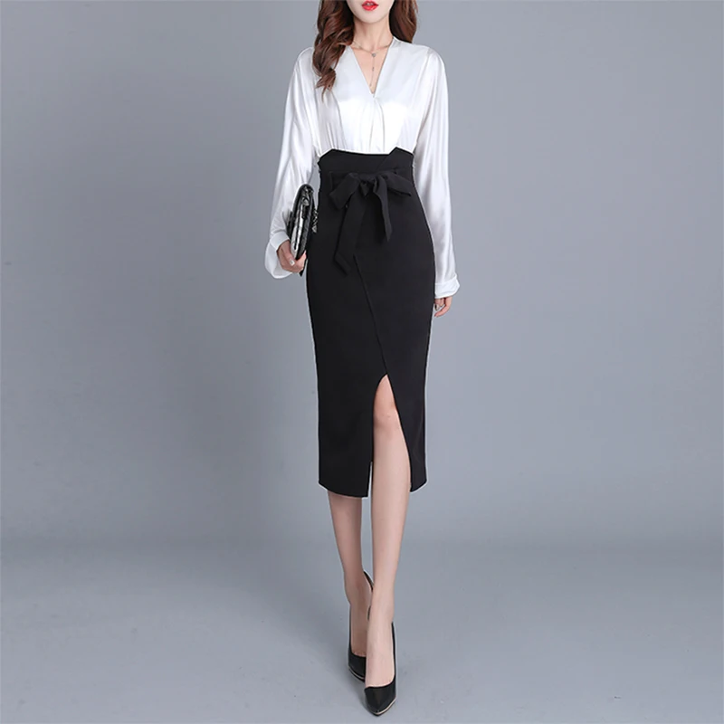 2019 Autumn Women Set Long Sleeve V-neck White Blouse + Black Slit Sash Pencil Skirt 2 Pieces Suit Lady Work Wear 3475LY
2019 Autumn Women Set Long Sleeve V-neck White Blouse + Black Slit Sash Pencil Skirt 2 Pieces Suit Lady Work Wear 3475LY
