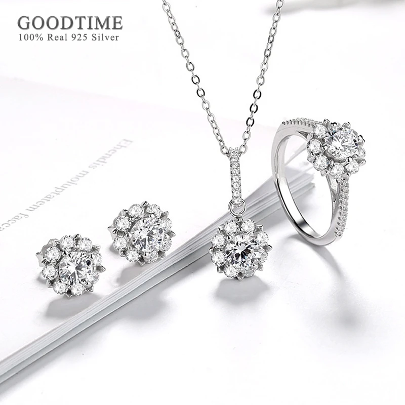 Модные Ювелирные наборы для невесты из стерлингового серебра 925 пробы с цветком и цирконием, ожерелье, серьги, кольцо, стразы, аксессуары для женщин и девушек, вечерние 
Модные Ювелирные наборы для невесты из стерлингового серебра 925 пробы с цветком и цирконием, ожерелье, серьги, кольцо, стразы, аксессуары для женщин и девушек, вечерние