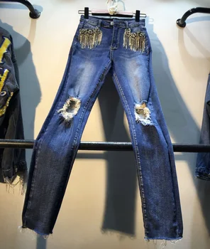 European Autumn 2019 New Jeans with Drill Fringes Beads High Waist Stretch Denim Pants Women Hole Skinny Trousers
European Autumn 2019 New Jeans with Drill Fringes Beads High Waist Stretch Denim Pants Women Hole Skinny Trousers