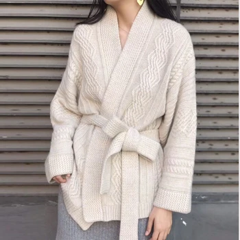 

Warm Knitted Cardigan Female Casual Criss-Cross Belt Turn Down Collar White Sweater Women Cotton Knitwear Cardigans Women Tops