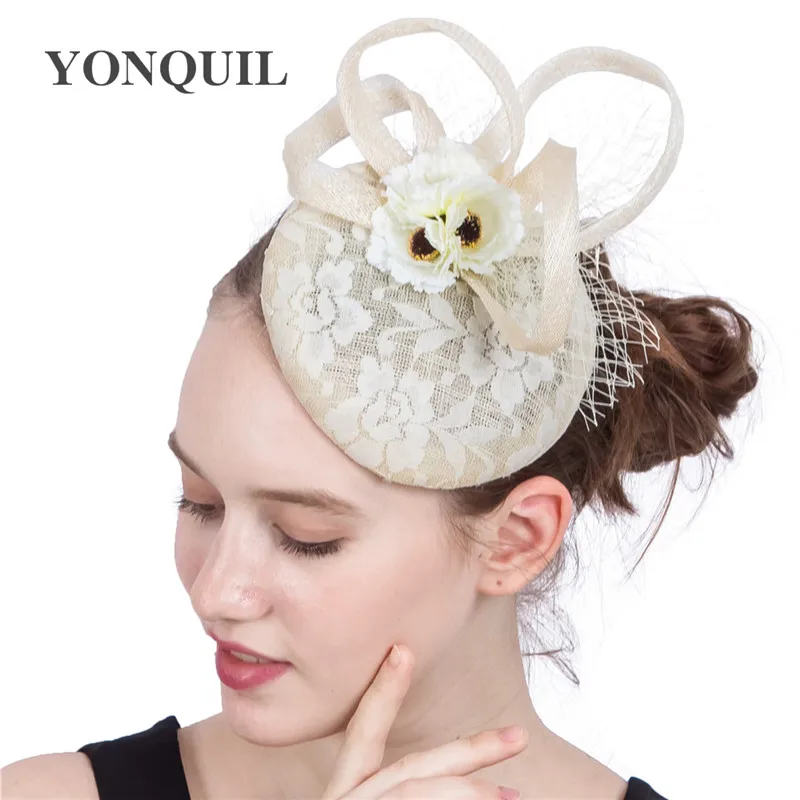 

Nice Sinamay Ivory Chic Fascinator Hats Headbands With Silk Flowers Fancy Millinery For Women Derby Wedding Headpiece Hairpins