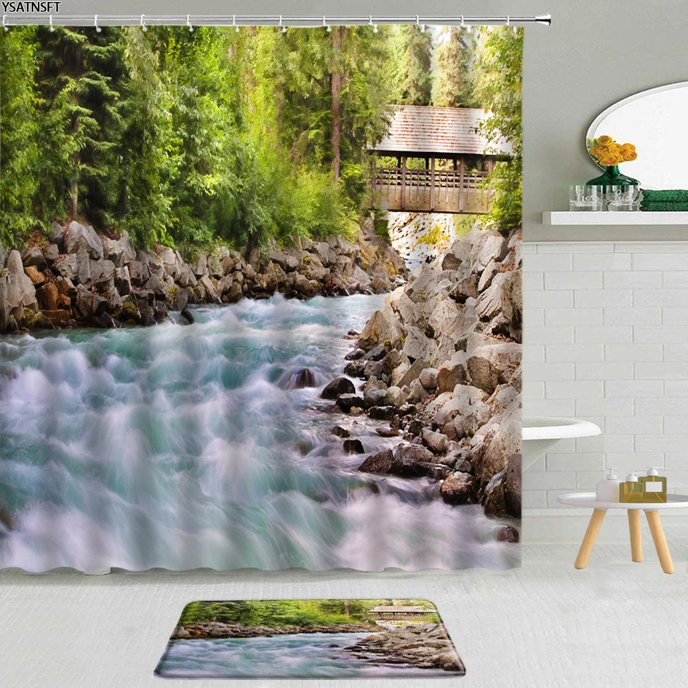 

2Pcs Natural Scenery Waterfall Shower Curtain River Forest Reef Wooden Bridge Fabric Non-Slip Bath Mat Bathroom Curtains Pad Set