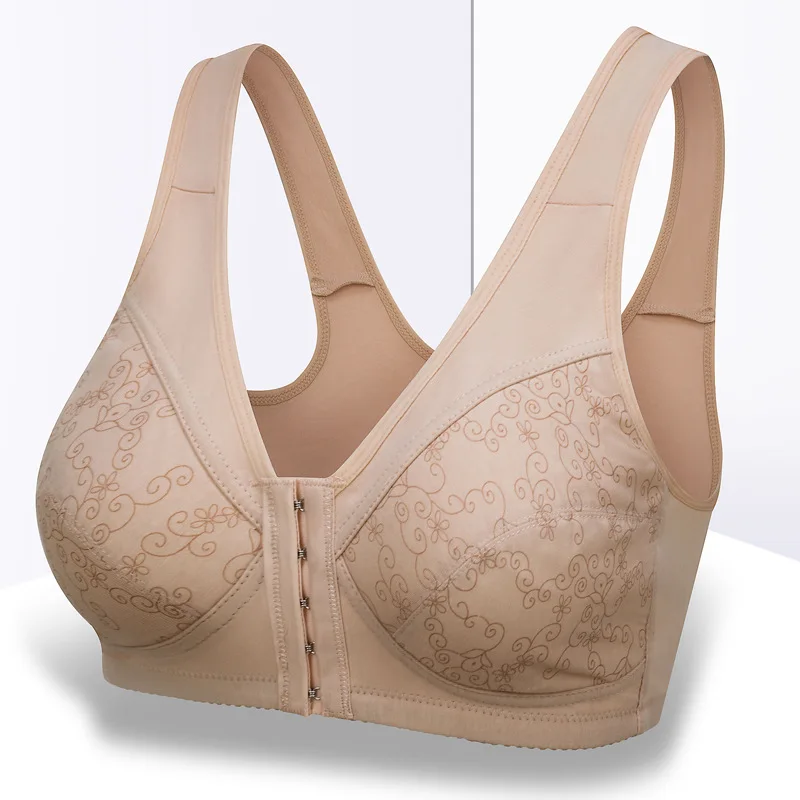 New Women Cotton Vest-type Middle-aged and Elderly Bra Solid Color Large  Size Without Steel Ring Front Button Seamless Underwear