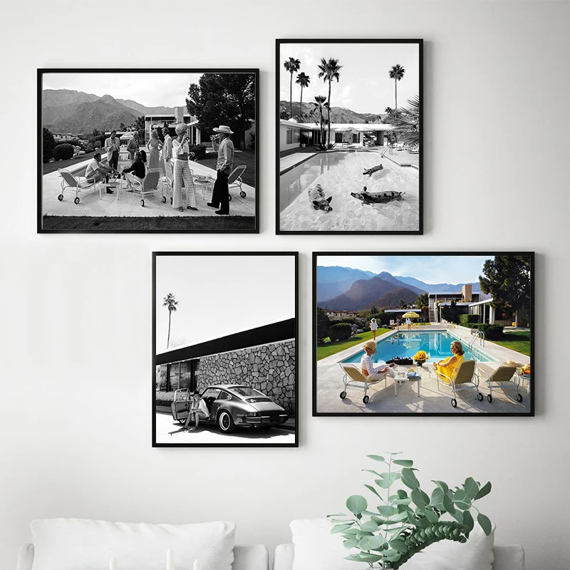 Фото Плакаты с изображением бассейна вечевечерние пальмовые пружины черно-белая