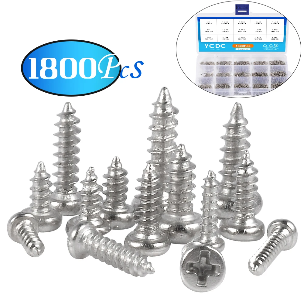 1800Pcs Set M1 M1.2 M1.4 M1.5 M1.7 Small Wood Screw Tapping Screws Pan Self Tapping Glasses Phone Electric Small Laptop Phillips
1800Pcs Set M1 M1.2 M1.4 M1.5 M1.7 Small Wood Screw Tapping Screws Pan Self Tapping Glasses Phone Electric Small Laptop Phillips