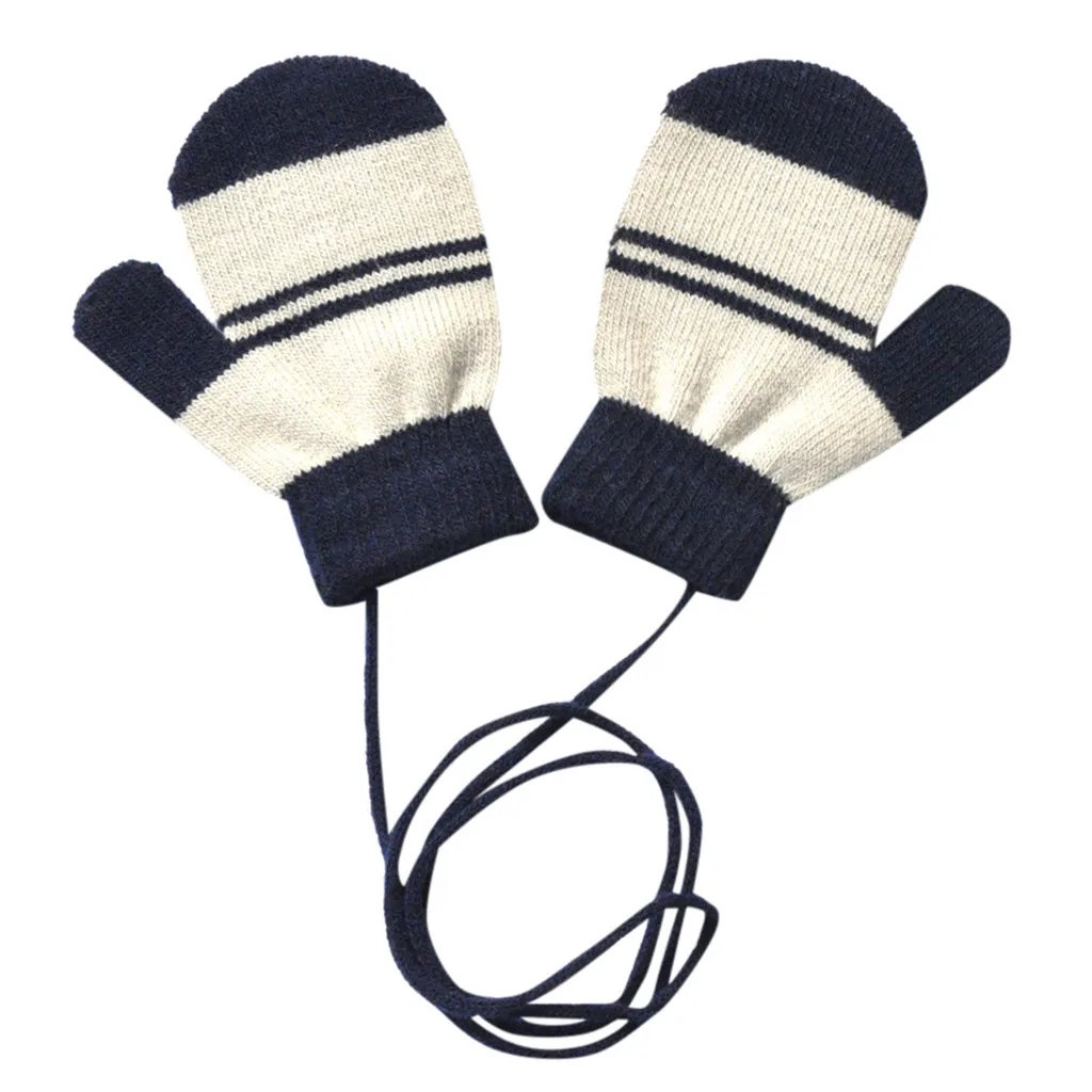Вязаные перчатки для мальчиков и девочек теплые Полосатые варежки с пальцами