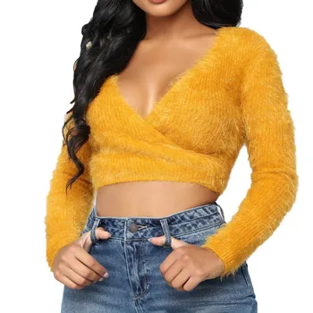 Sexy Winter Jumper For Female 2020 Autumn Casual Knitted Short Top Solid Color Women V Neck Long Sleeve Plush Crop Sweaters 
Sexy Winter Jumper For Female 2020 Autumn Casual Knitted Short Top Solid Color Women V Neck Long Sleeve Plush Crop Sweaters