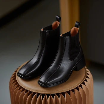 Women Genuine Leather Basic Short Boots Chelsea Boots Spring Autumn Ankle Boots Woman Square Toe Concise Short Boots