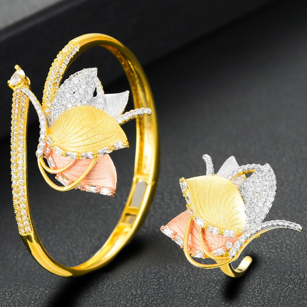 GODKI Luxury Flower Chunky Bangle Ring Set For Women Full Micro Cubic Zircon Party Wedding Saudi Arabic Dubai Jewelry 2020 | Украшения и